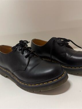 Dr. Martens Black Leather 3-Eye Derby Shoes with Yellow Stitching